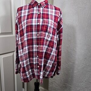 Old Navy The Boyfriend Shirt Womens L Red‎ Plaid Button Down Long Sleeve